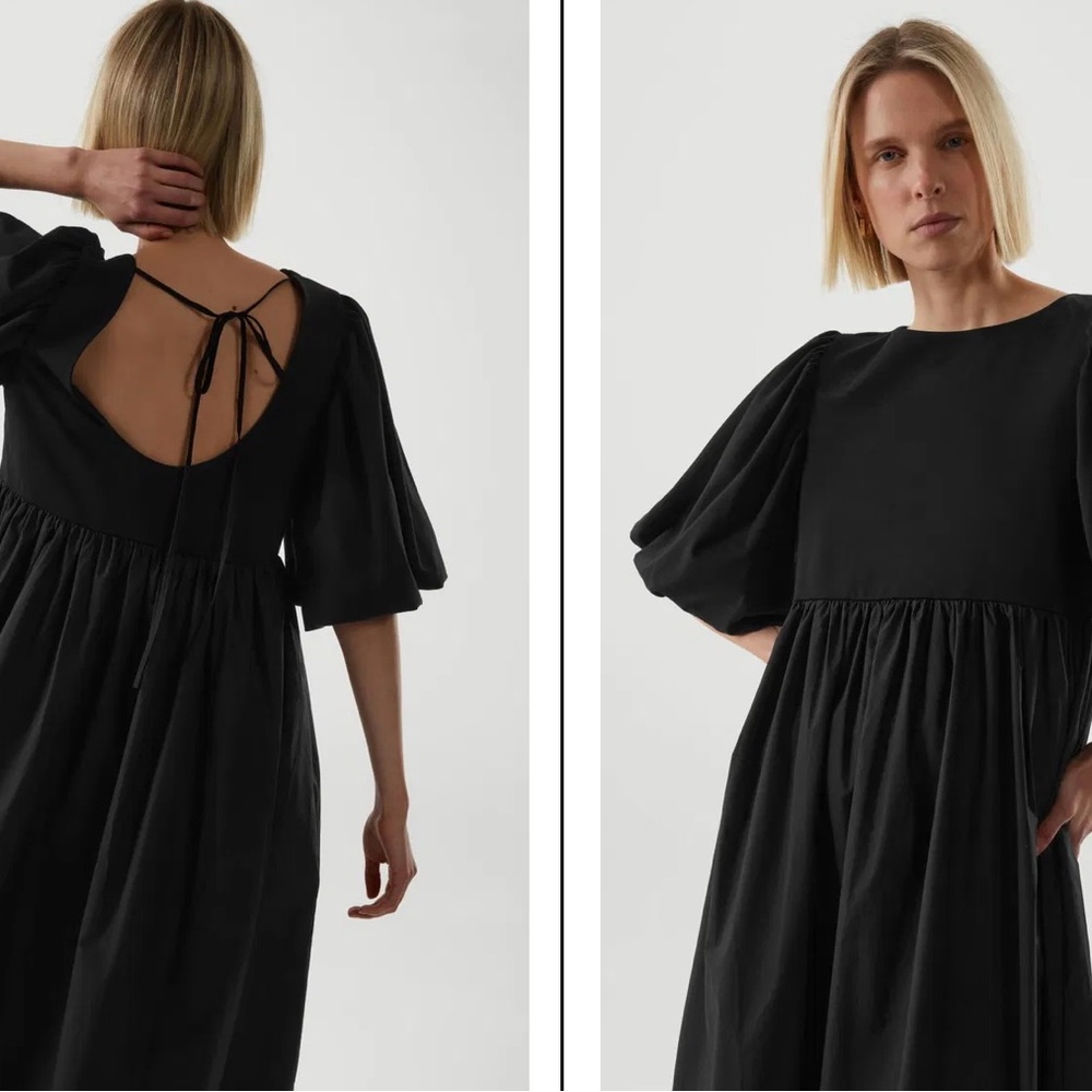 COS Contrast Panel Puff-Sleeve Midi Dress, Black, M - Picture 2 of 7